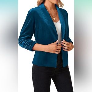 Turquoise Blue Velvet Blazer 3/4 Ruched Sleeve Open Front Machine Washable